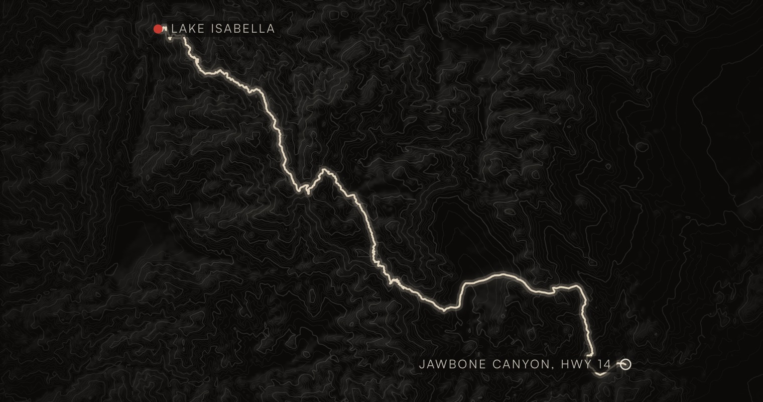 Map of the 48.6-mile route from Jawbone Canyon on Highway 14 to Lake Isabella, over the Piute Mountains